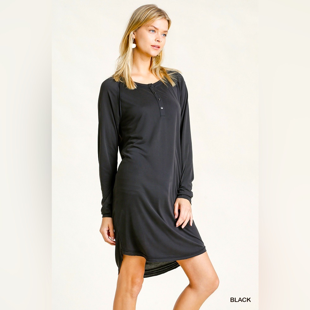 NWT Umgee Cupro Button Front Long Sleeve Dress with Raw Edged Hem